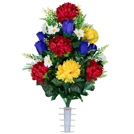 Purple Roses with Red and Yellow Mums Bouquet