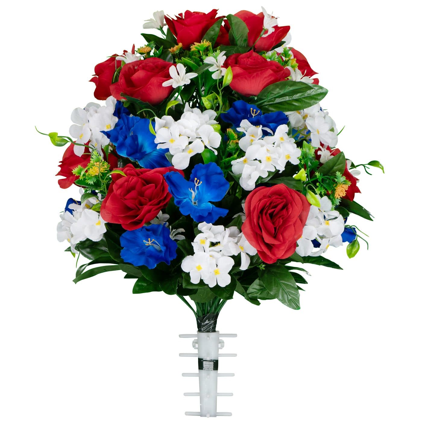 Red Roses with White Hydrangea and Blue Alstroemeria Bouquet