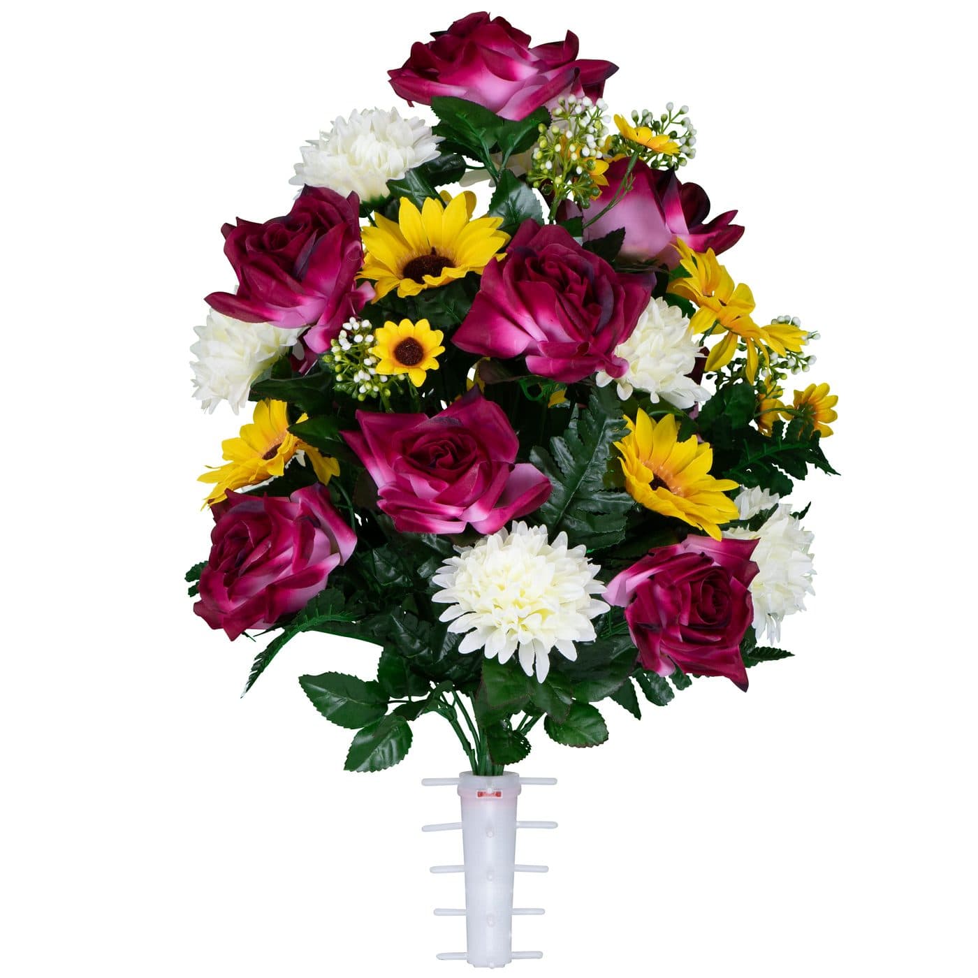Fuchsia Roses with White Mums and Sunflowers - View 1