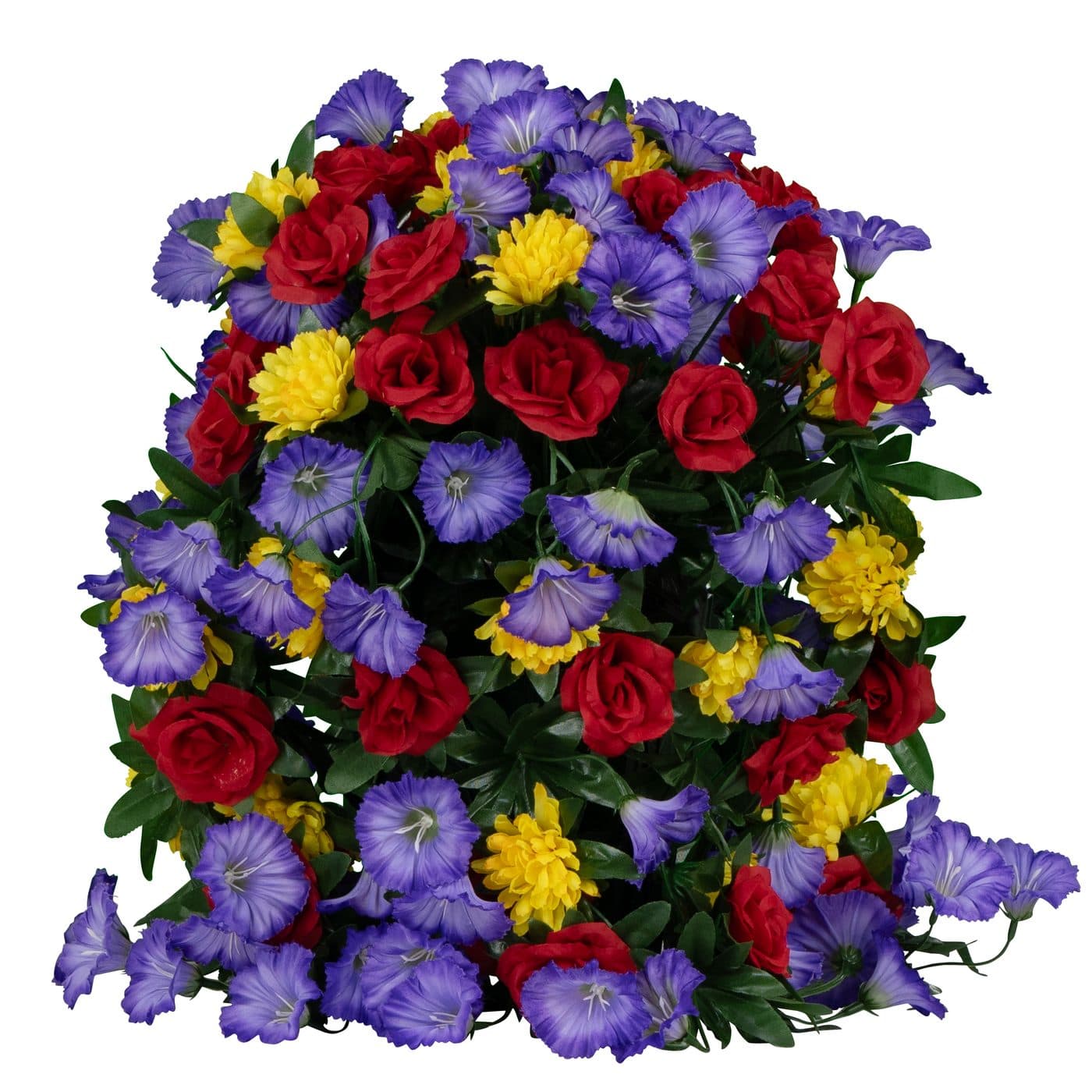 Trailing Red Roses Purple Morning Glories and Yellow Mums Pot - View 1
