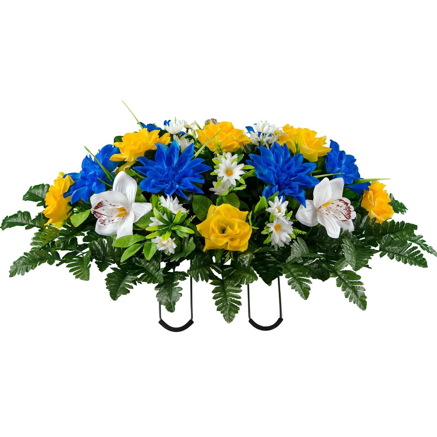 Blue Dahlia Yellow Rose with White Orchid Mix in Georgia Grey granite