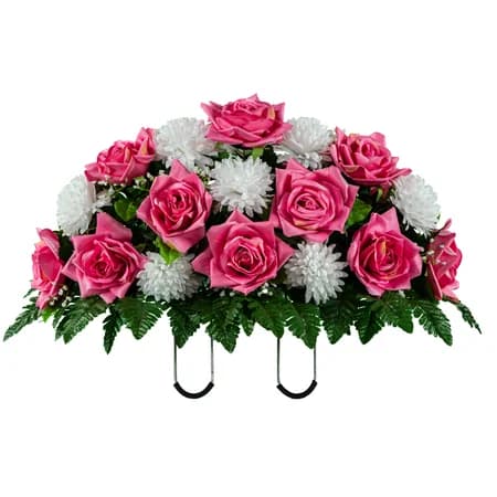 Beauty Pink Open Rose with White Mum in Georgia Grey granite