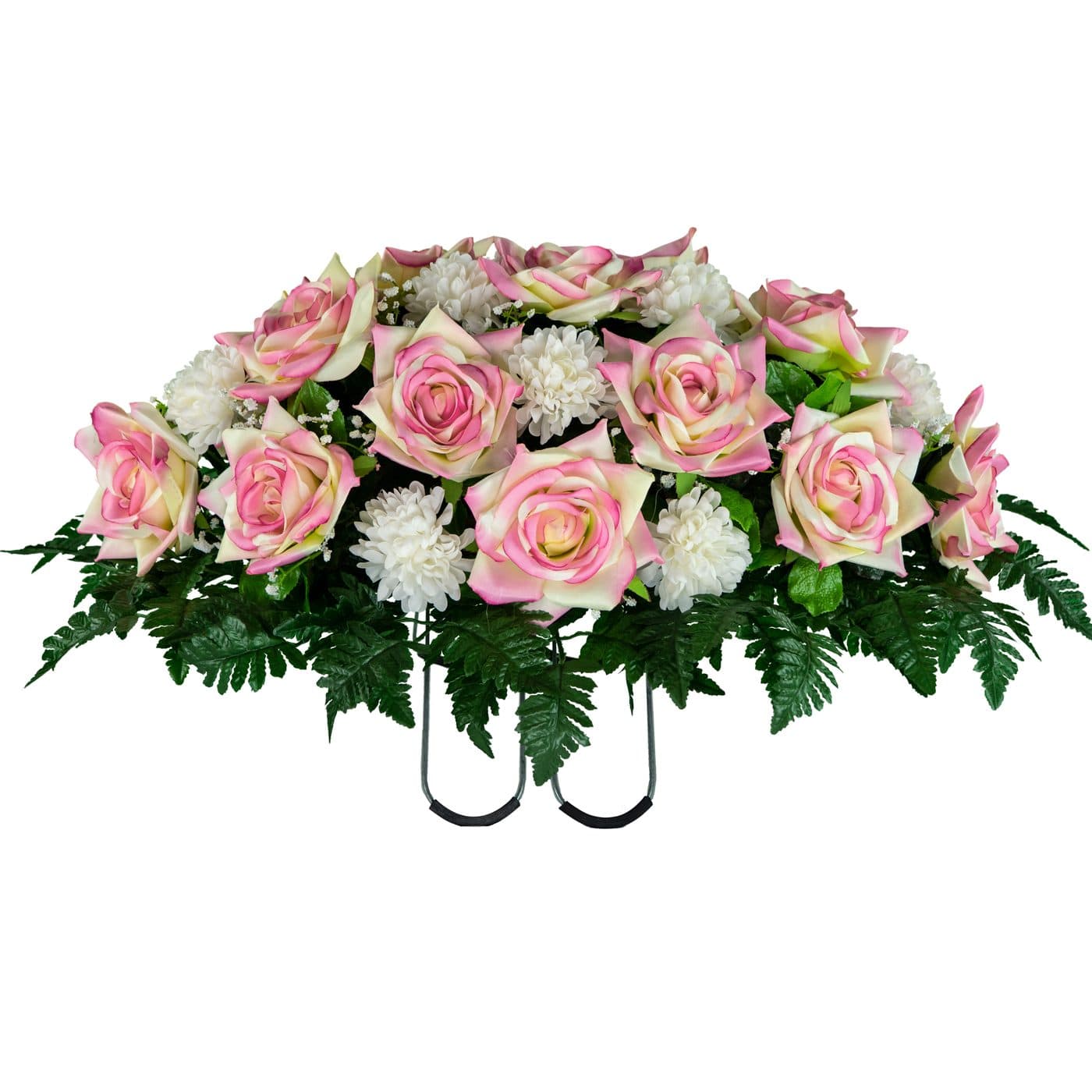 Cream Pink Open Rose with White Mum in Georgia Grey granite