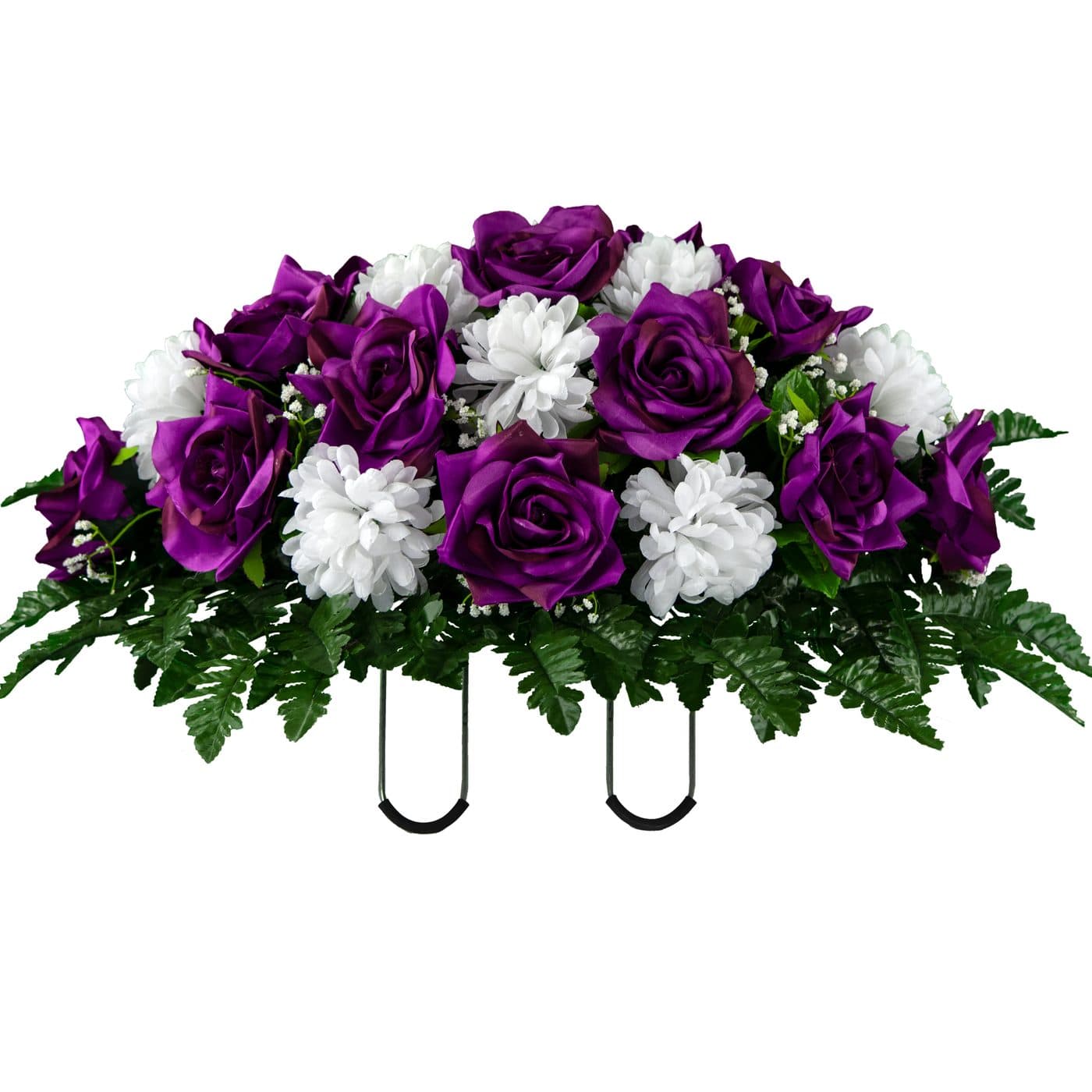 Purple Open Rose with White Mum in Georgia Grey granite