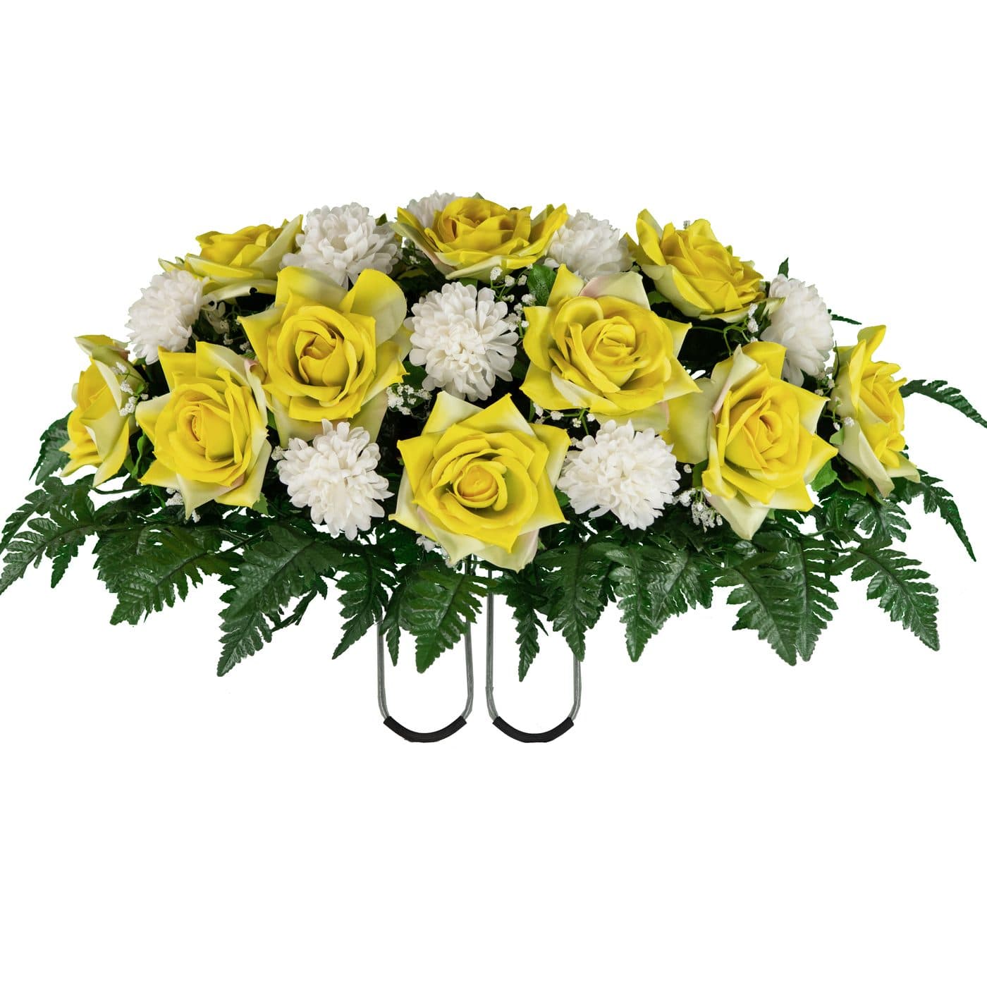 Yellow Open Rose with White Mum in Georgia Grey granite