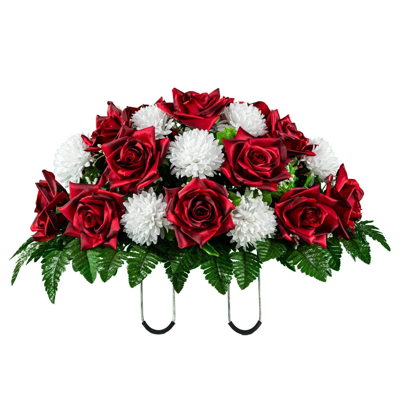 Two Tone Dark Red Rose with White Mum Monument Saddle in Georgia Grey granite