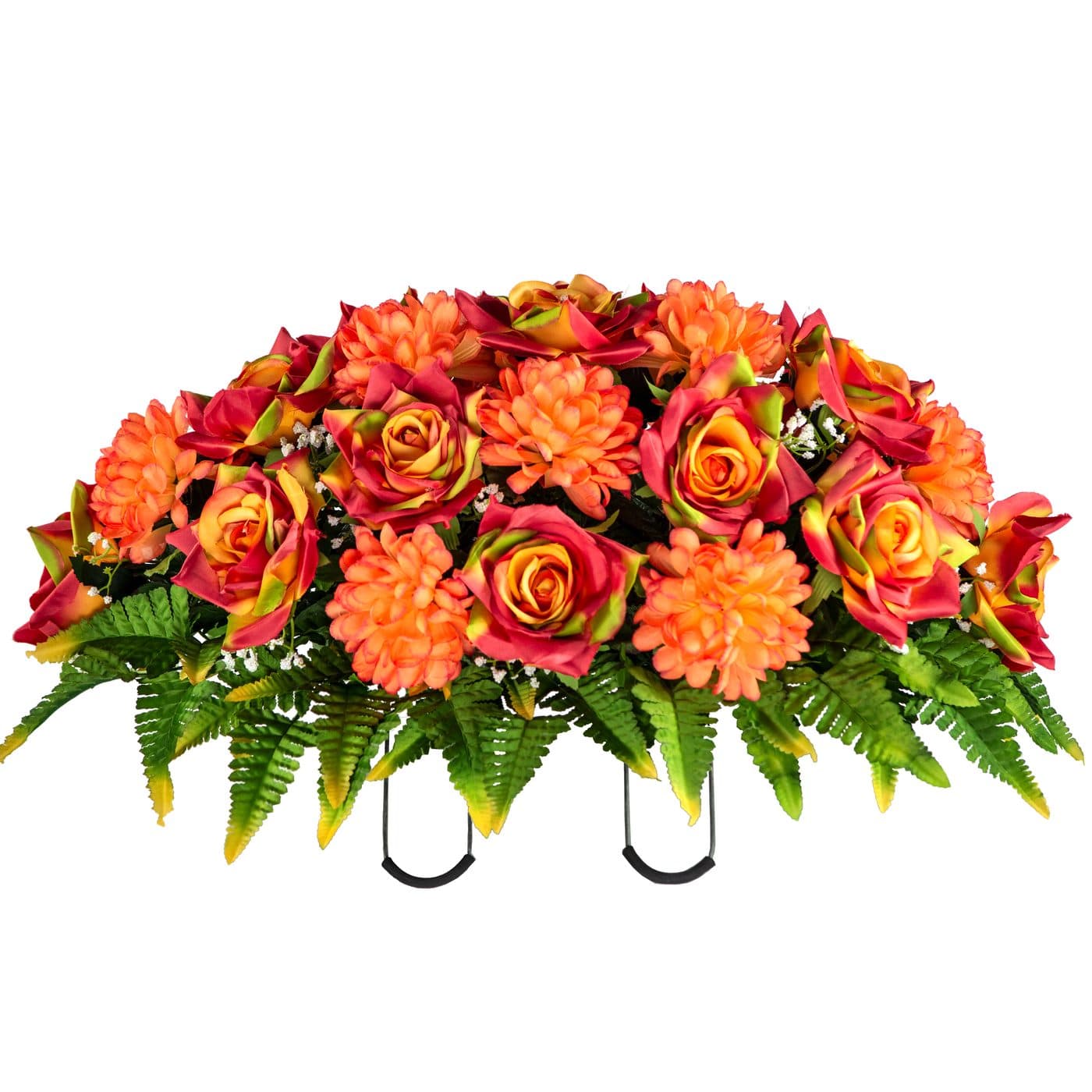 Sunset Orange Open Rose with Orange Mum in Georgia Grey granite
