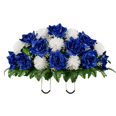Sapphire Blue Open Rose with White Mum in Georgia Grey granite