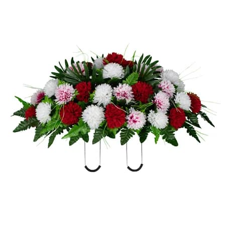 Red and White Mums in Georgia Grey granite