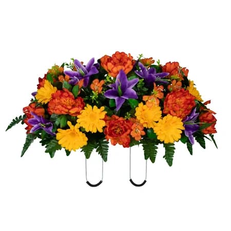 Orange Peony Purple Lilies and Yellow Daisies in Georgia Grey granite