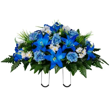 Blue Lily and Rose with White Daisies in Georgia Grey granite
