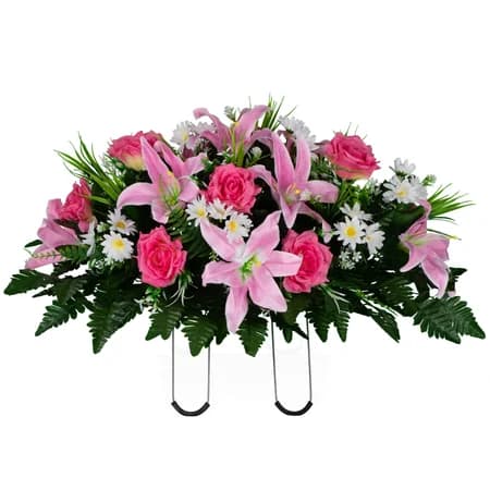 Pink Lily and Rose with Daisies in Georgia Grey granite