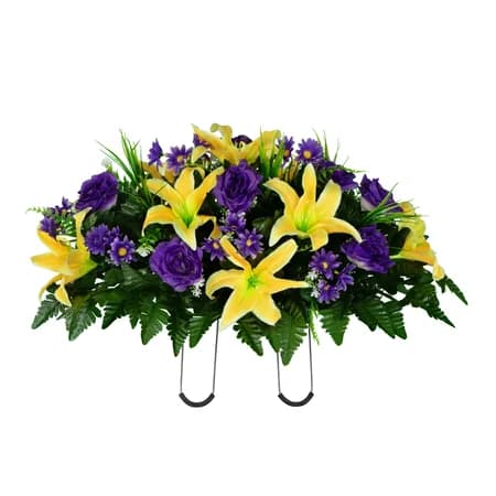 Yellow Lily with Purple Roses and Daisies in Georgia Grey granite
