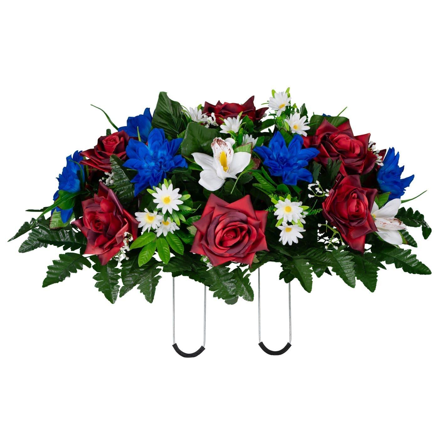 Red Open Roses White Orchids and Blue Dahlias - View 1