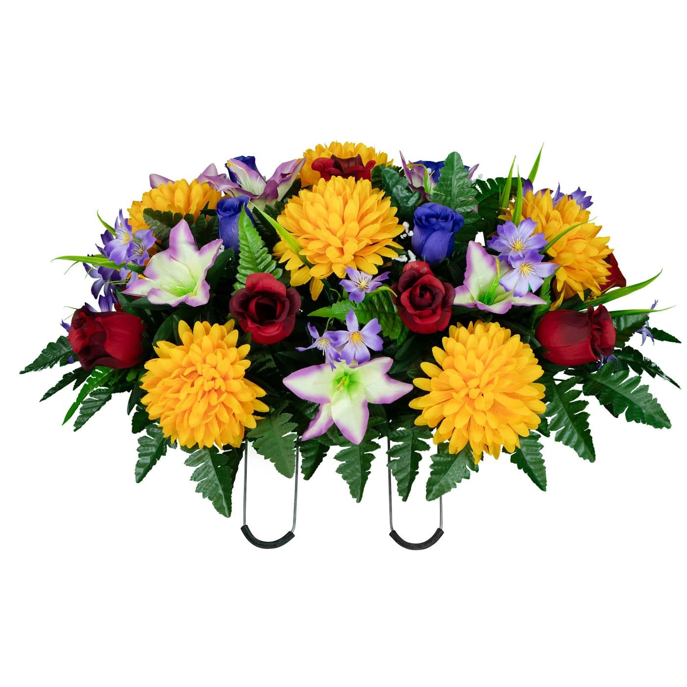 Sunshine Mums with Red and Purple Roses and Lavender Lilies - View 1
