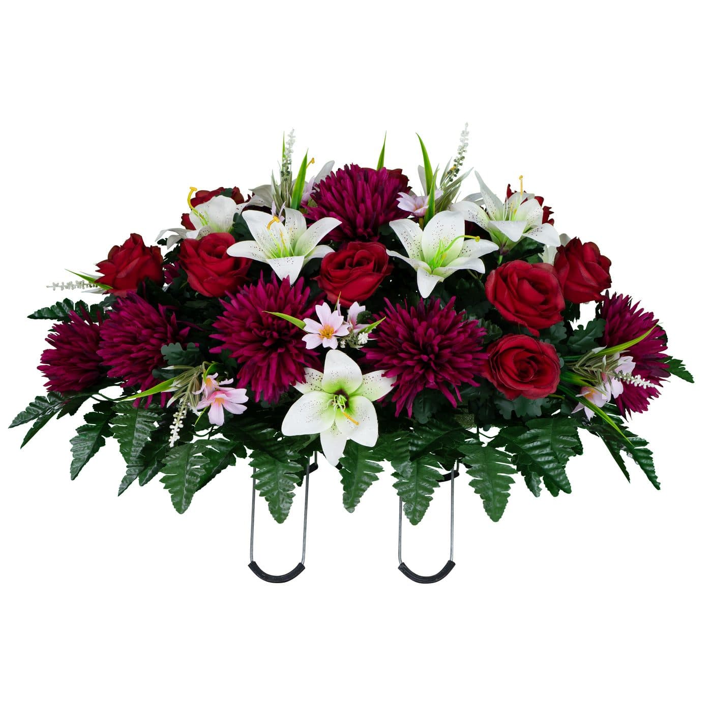 White Stargazer Lilies with Red Roses and Burgundy Mums in Georgia Grey granite