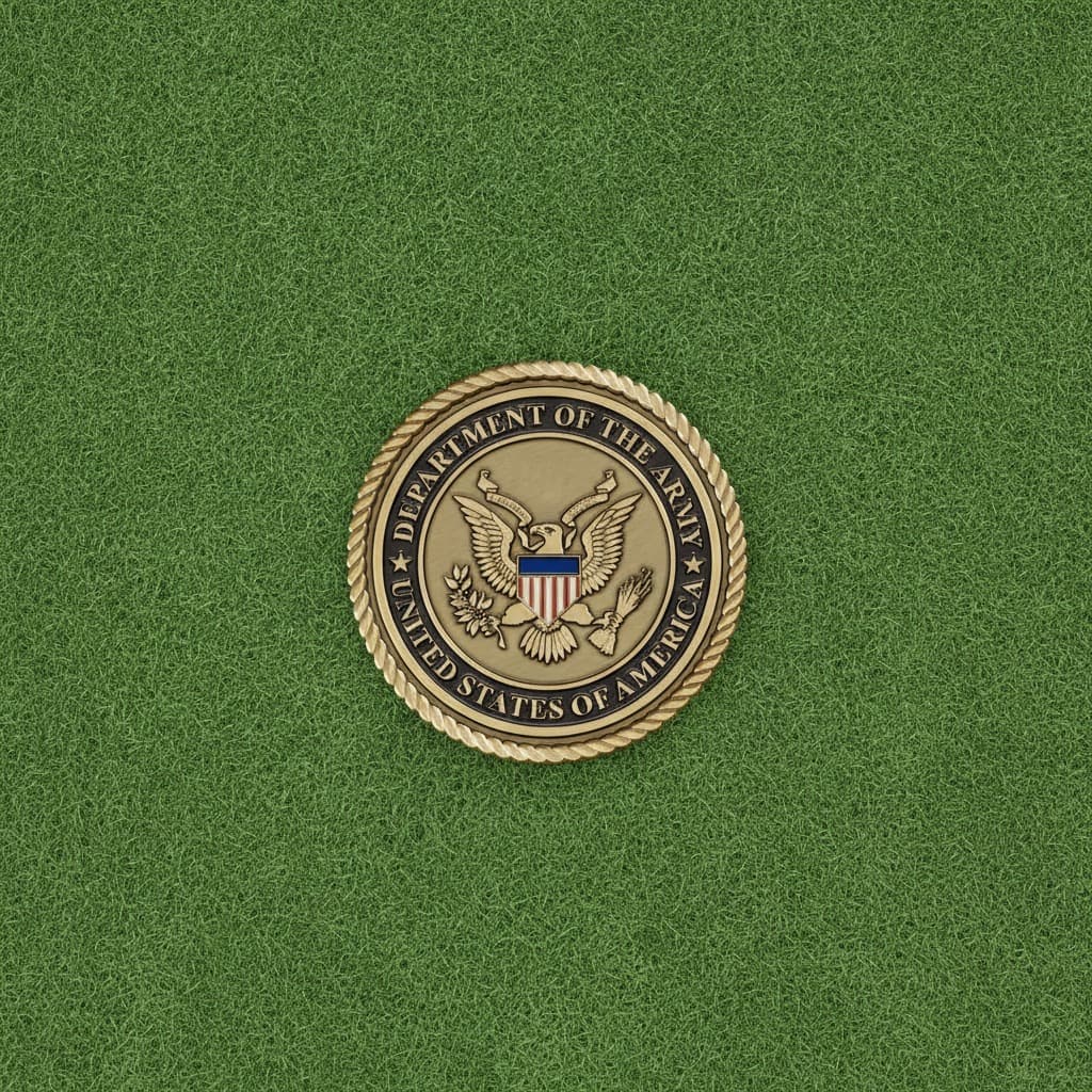 An Army seal medallion on short grass